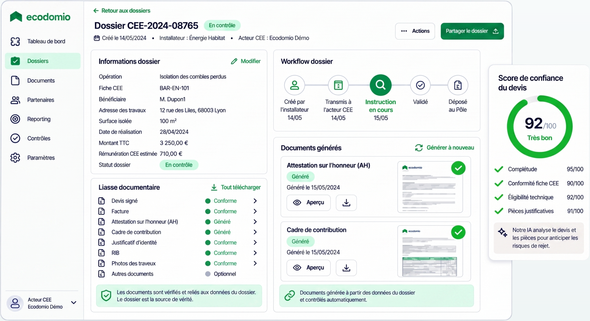 Interface Ecodomio : tableau de bord de suivi des dossiers CEE